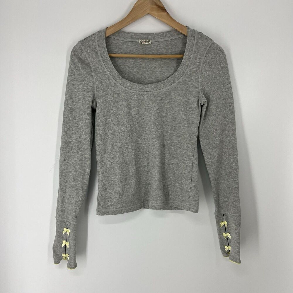 Intimately Free People Top Size XS Gray Long Sleeve Scoop Neck Lace Bow Cuff
